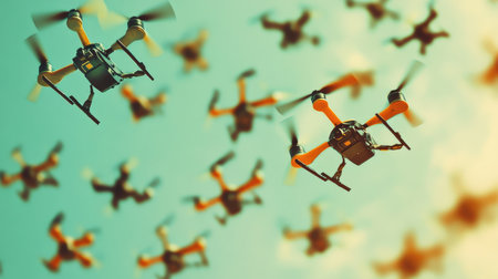 A drone with mismatched propellers flying among identical ones, symbolizing diversity in performance.の素材