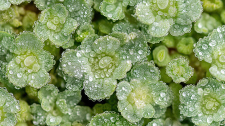 Tiny water droplets clustered together on a soft, fuzzy leaf surface.の素材