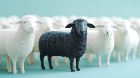 A black sheep graphic leading a group of white sheep, representing diversity and pioneering individuality.の素材
