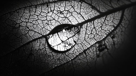 Focused shot of a water droplet on a leaf, magnifying its delicate veins.の素材
