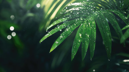 Fresh rainwater drops scattered across a glossy tropical leaf surface.の素材