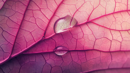 Focused shot of a water droplet on a leaf, magnifying its delicate veins.の素材