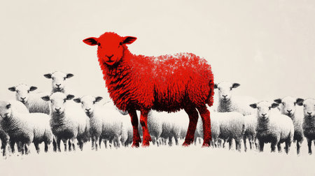 A striking red sheep silhouette centered in a cluster of white sheep, symbolizing boldness in diversity.の素材