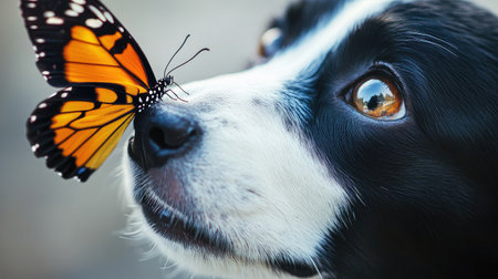 A colorful butterfly on the nose of a black-and-white dog, creating a heartwarming and visually stunning moment.の素材
