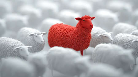 A 3D red sheep standing tall among flat white sheep graphics, emphasizing dimensional diversity and uniqueness.の素材