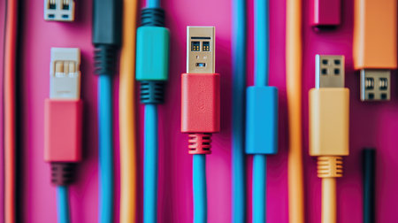 A mismatched pair of charging cables among identical ones, emphasizing diversity in utility.の素材