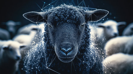 A glowing black sheep graphic with abstract connections to surrounding white sheep, symbolizing harmony in diversity.の素材