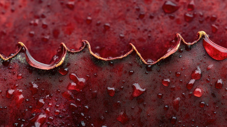 Macro view of water droplets aligned along the edges of a red leaf.の素材