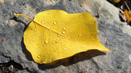 Vibrant yellow leaf with tiny water droplets glimmering under sunlight.の素材
