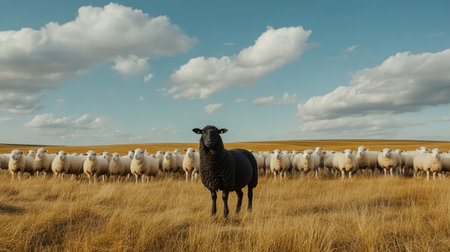 A black sheep standing tall in a field of white sheep, symbolizing leadership and the courage to be different.の素材