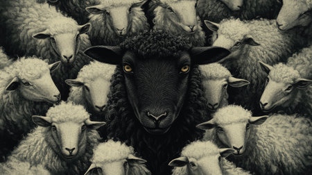 Artistic black sheep graphic with textured details, surrounded by smooth white sheep designs, showing uniqueness.の素材