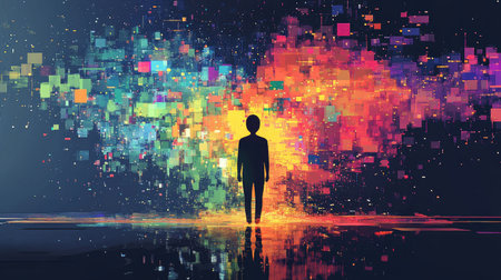 A glitching screen with a colorful pixel standing out, representing diversity through technological imperfection.の素材