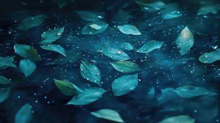 Dew drops scattered across a vibrant blue-green leaf under diffused lighting.の素材