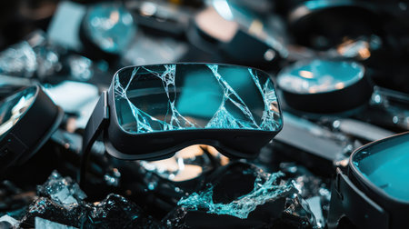 A cracked VR headset lens among intact ones, emphasizing diversity in experience and innovation.の素材