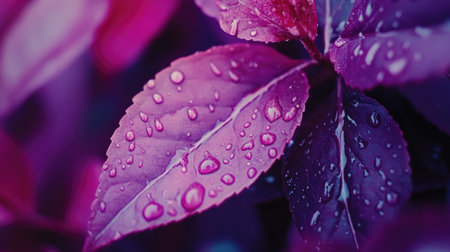 Dew drops on a purple leaf, showcasing vibrant contrasts and natural beauty.の素材