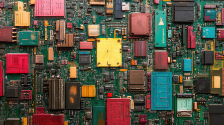 A colorful, glitching motherboard among uniform circuits, representing diversity in technological designs.の素材