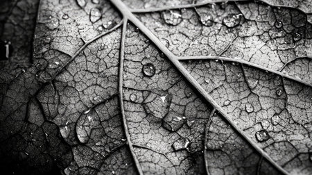 Water droplets magnifying the details of a delicate leafas veins.の素材