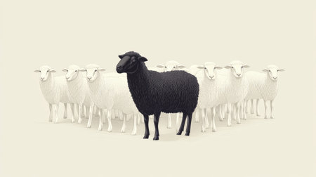 A black sheep surrounded by identical white sheep in a minimalist design, representing diversity and uniqueness.の素材