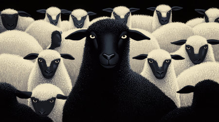 A bold black sheep outlined in glowing black, surrounded by muted white sheep, portraying stark individuality.の素材