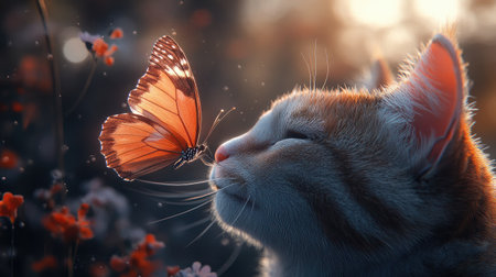 A graceful butterfly sitting on a cat's whiskered nose, creating a peaceful and heartwarming scene.の素材