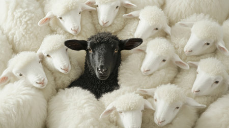 A playful black sheep surrounded by neatly arranged white sheep, creating a fun yet profound take on diversity.の素材