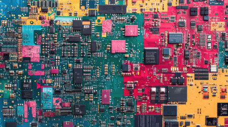 A colorful, glitching motherboard among uniform circuits, representing diversity in technological designs.の素材
