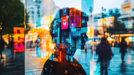 A colorful, fragmented hologram among clear projections, representing diversity in tech visuals.の素材