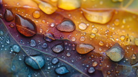 Morning dew beads on a smooth, waxy leaf surface with bright natural colors.の素材