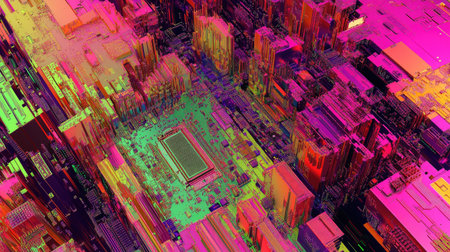 A colorful, glitching motherboard among uniform circuits, representing diversity in technological designs.の素材