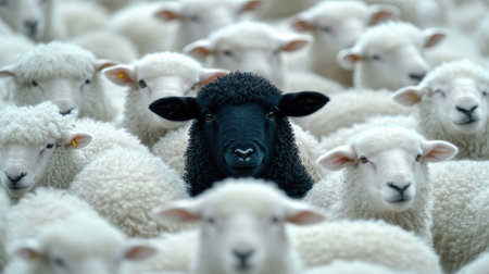 A playful black sheep surrounded by neatly arranged white sheep, creating a fun yet profound take on diversity.の素材