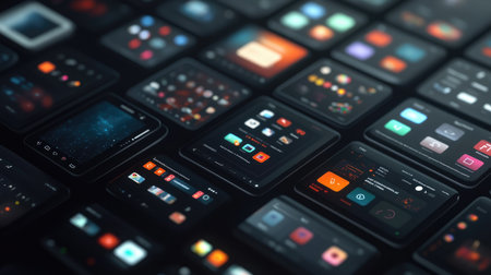 A defective touchscreen with misaligned icons among perfectly responsive devices, showcasing diversity.の素材