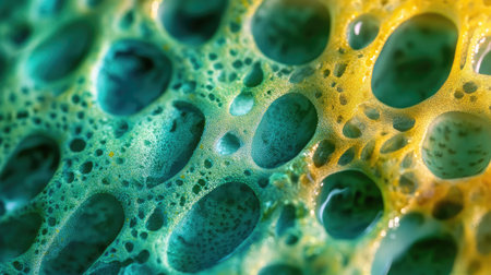 Macro shot of water droplets on a textured leaf surface with vibrant green hues.の素材