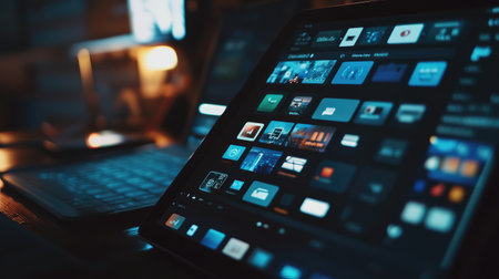 A defective touchscreen with misaligned icons among perfectly responsive devices, showcasing diversity.の素材