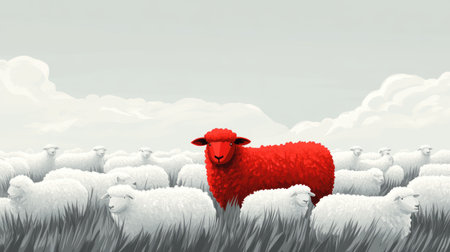 Artistic red sheep graphic amidst white sheep in a stylized meadow. Highlights diversity and standing apart.の素材