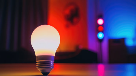 A flickering smart bulb among steady lights, symbolizing diversity in performance.の素材