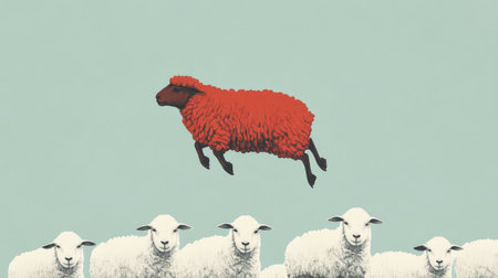 A graphic of a red sheep jumping amid standing white sheep, symbolizing dynamic individuality and diversity.の素材