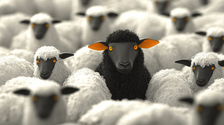 A vibrant black sheep surrounded by white sheep in a contrasting graphic design, showcasing the beauty of differences.の素材