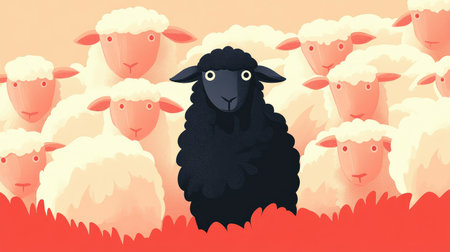 A bold black sheep graphic standing amidst a group of white sheep, symbolizing individuality and diversity.の素材
