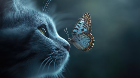 A butterfly with intricate patterns gently resting on a cat's soft nose, symbolizing the beauty of nature.の素材