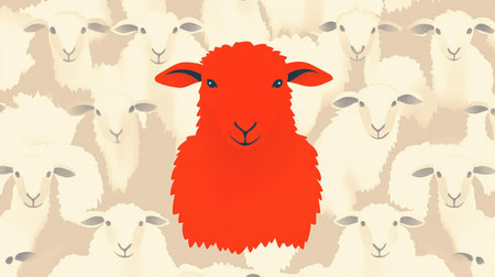 Minimalistic red sheep graphic centered among white sheep silhouettes, symbolizing diversity and uniqueness.の素材