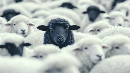 An abstract black sheep amid uniform white sheep, with dynamic patterns symbolizing the power of individuality.の素材