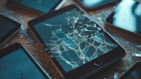 A shattered tablet screen among functional devices, symbolizing diversity and resilience in tech.の素材