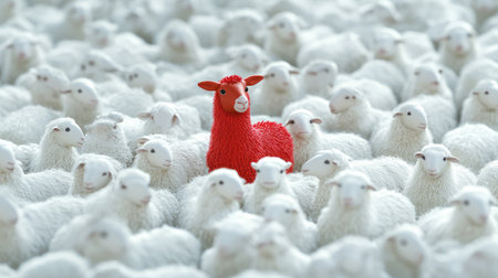 A 3D red sheep standing tall among flat white sheep graphics, emphasizing dimensional diversity and uniqueness.の素材