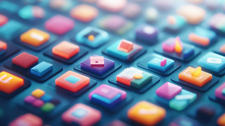 A pixelated icon among sharp, clear icons on a digital interface, showcasing diversity in digital landscapes.の素材