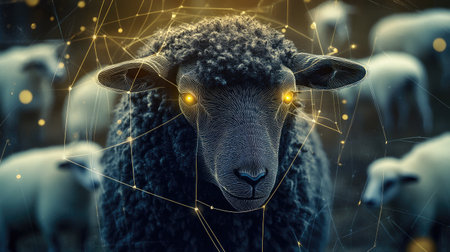 A glowing black sheep graphic with abstract connections to surrounding white sheep, symbolizing harmony in diversity.の素材
