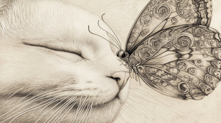 A butterfly with intricate patterns gently resting on a cat's soft nose, symbolizing the beauty of nature.の素材