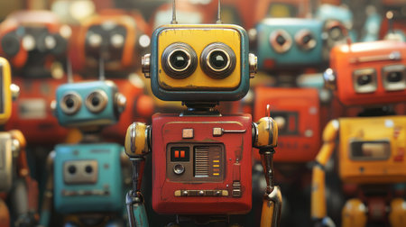 A robot with a missing part amidst fully functioning robots, illustrating the beauty of diversity in flaws.の素材