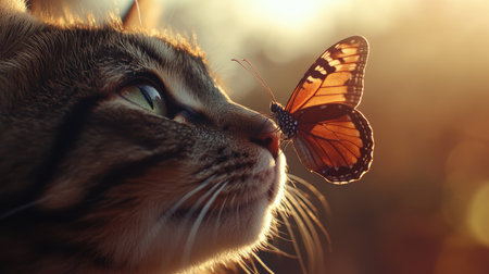 A detailed shot of a butterfly on a tabby cat's nose, with sunlight enhancing the natural and warm atmosphere.の素材