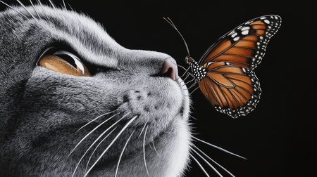 A stunning close-up of a butterfly perched on a gray cat's nose, emphasizing the beauty of their contrast.の素材