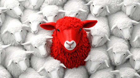 A red sheep graphic with bold outlines, surrounded by identical white sheep. Represents courage to stand out.の素材